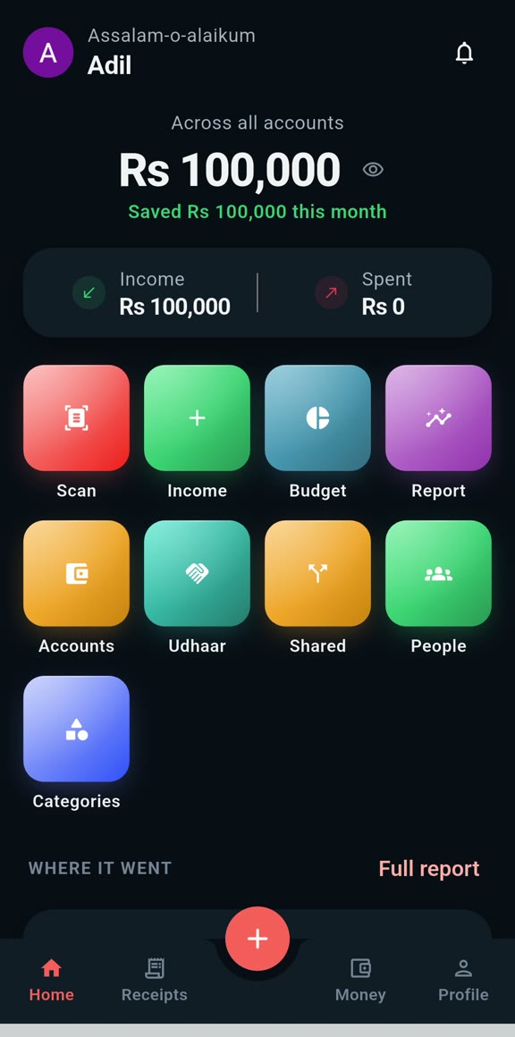 The Qeemat home screen: balance across all accounts, income and spend, and shortcuts to scan a receipt or add an entry.